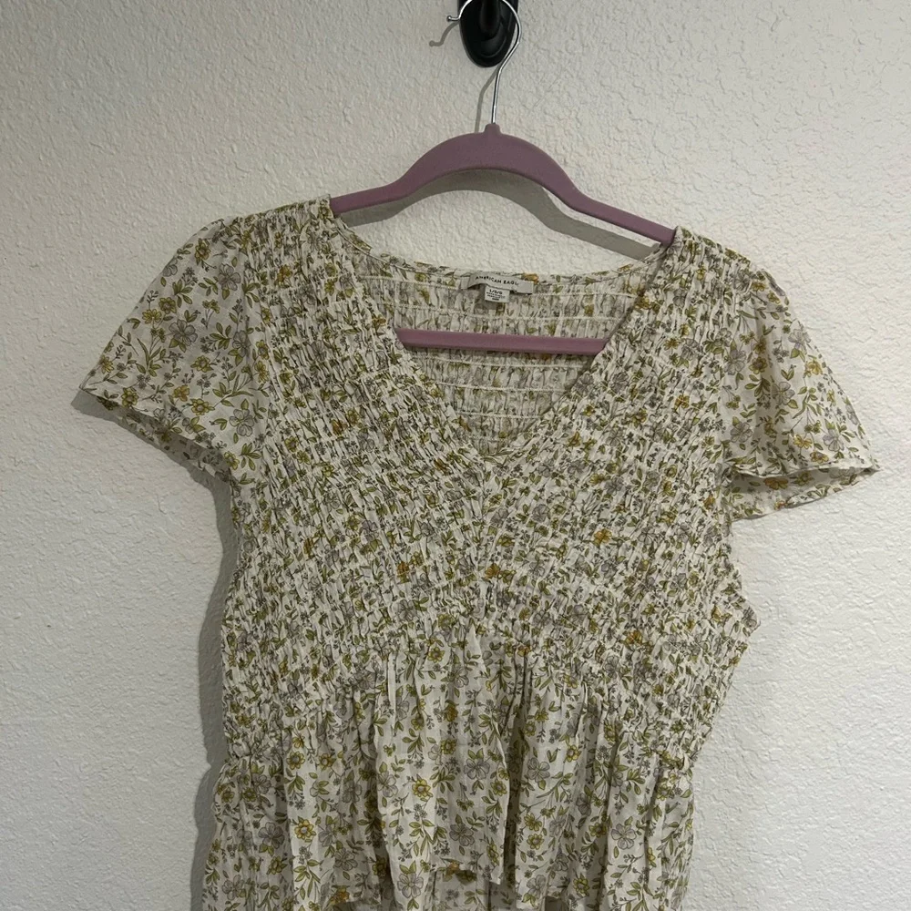 American Eagle Outfitters Floral Smocked Blouse - Cream and Yellow - Picture 1 of 5